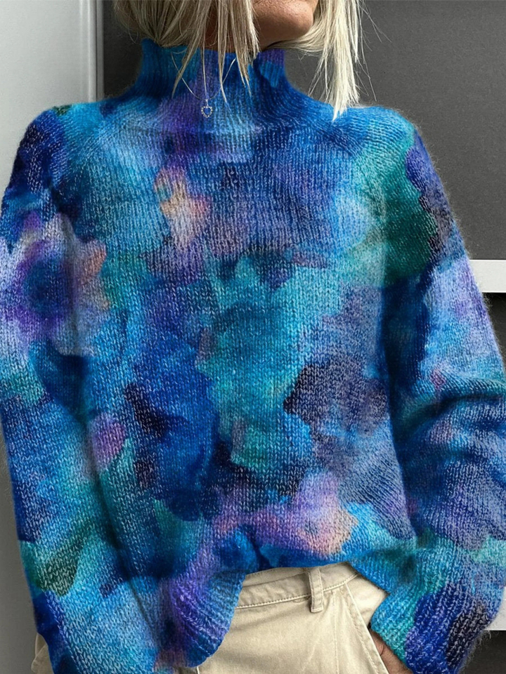 Patsy | Pull Col Roulé Tricoté Abstrait Aquarelle Florale