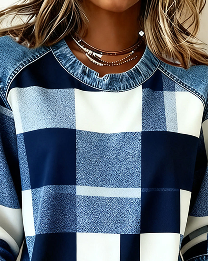 Amélie® | Sweatshirt avec Patchwork à Carreaux et Couleur Contrastante