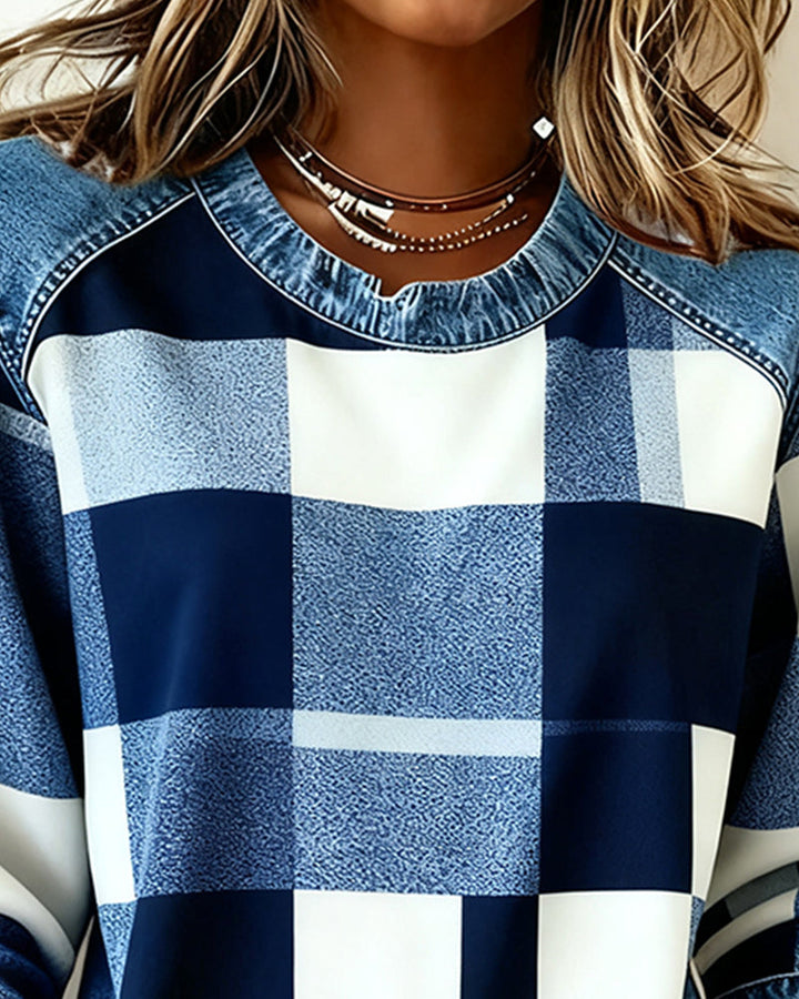 Amélie® | Sweatshirt avec Patchwork à Carreaux et Couleur Contrastante