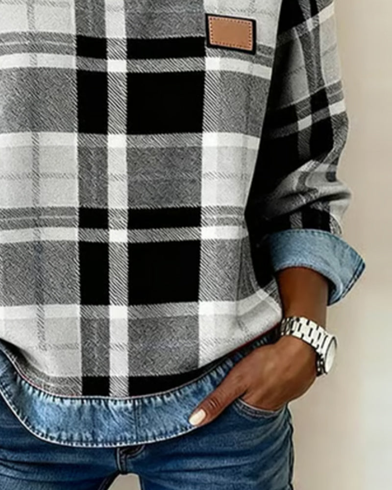 Pull Sweatshirt en Denim Patchwork à Col Ronde pour Femmes