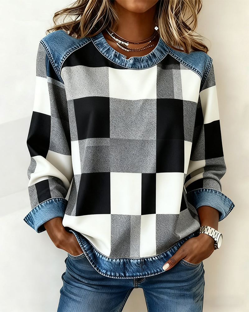 Amélie® | Sweatshirt avec Patchwork à Carreaux et Couleur Contrastante
