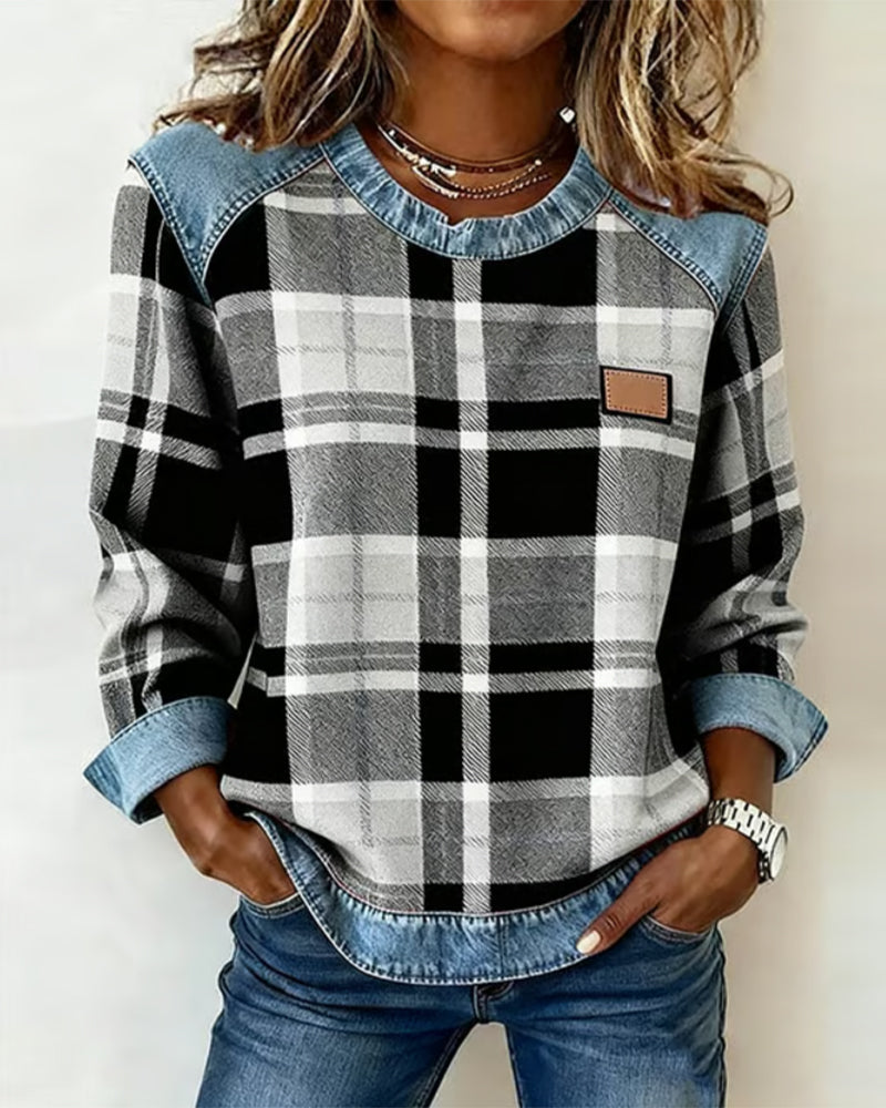 Pull Sweatshirt en Denim Patchwork à Col Ronde pour Femmes