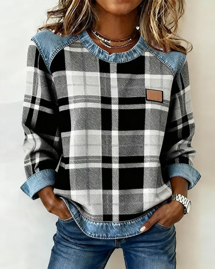 Pull Sweatshirt en Denim Patchwork à Col Ronde pour Femmes