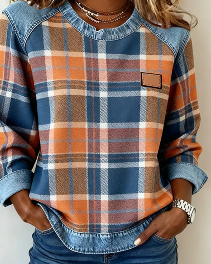 Pull Sweatshirt en Denim Patchwork à Col Ronde pour Femmes