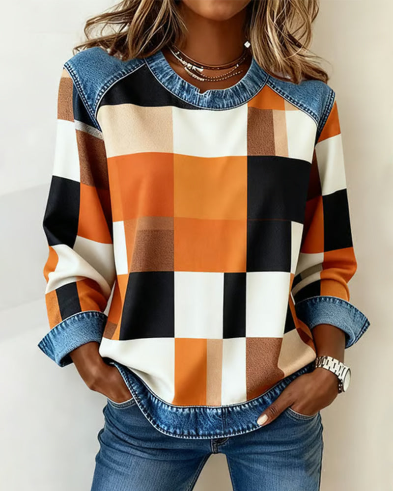 Amélie® | Sweatshirt avec Patchwork à Carreaux et Couleur Contrastante
