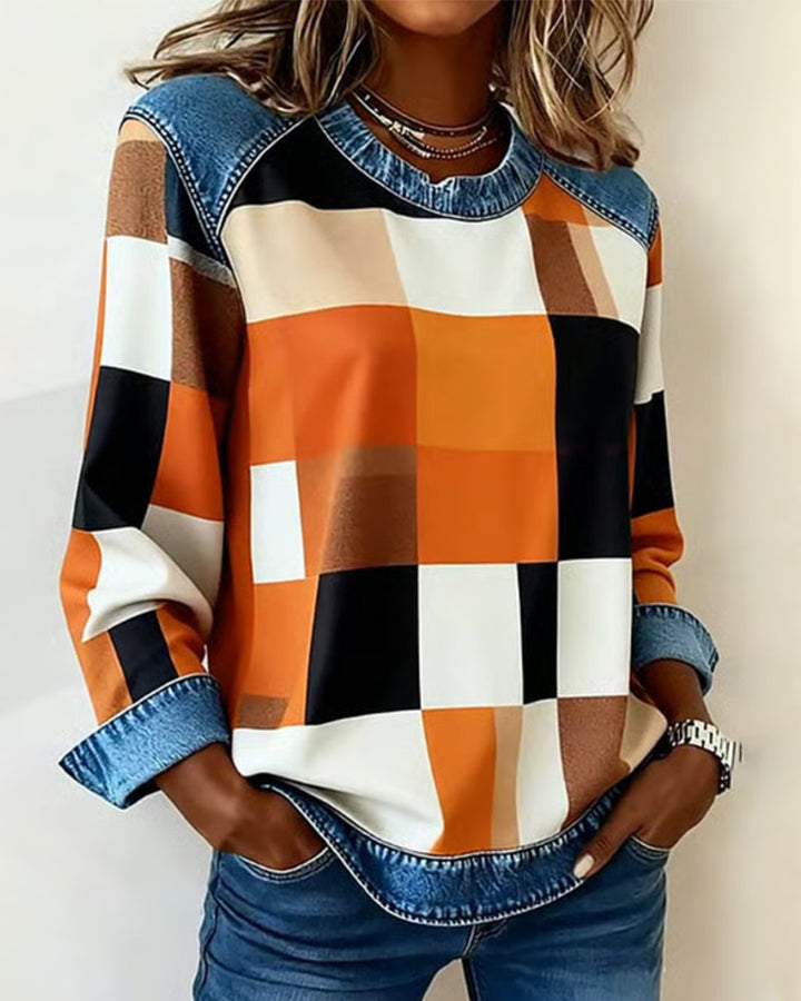 Amélie® | Sweatshirt avec Patchwork à Carreaux et Couleur Contrastante