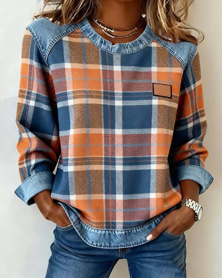 Pull Sweatshirt en Denim Patchwork à Col Ronde pour Femmes