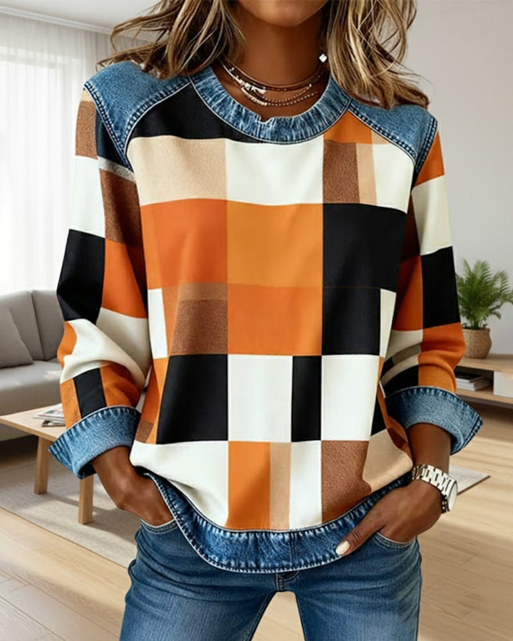 Amélie® | Sweatshirt avec Patchwork à Carreaux et Couleur Contrastante